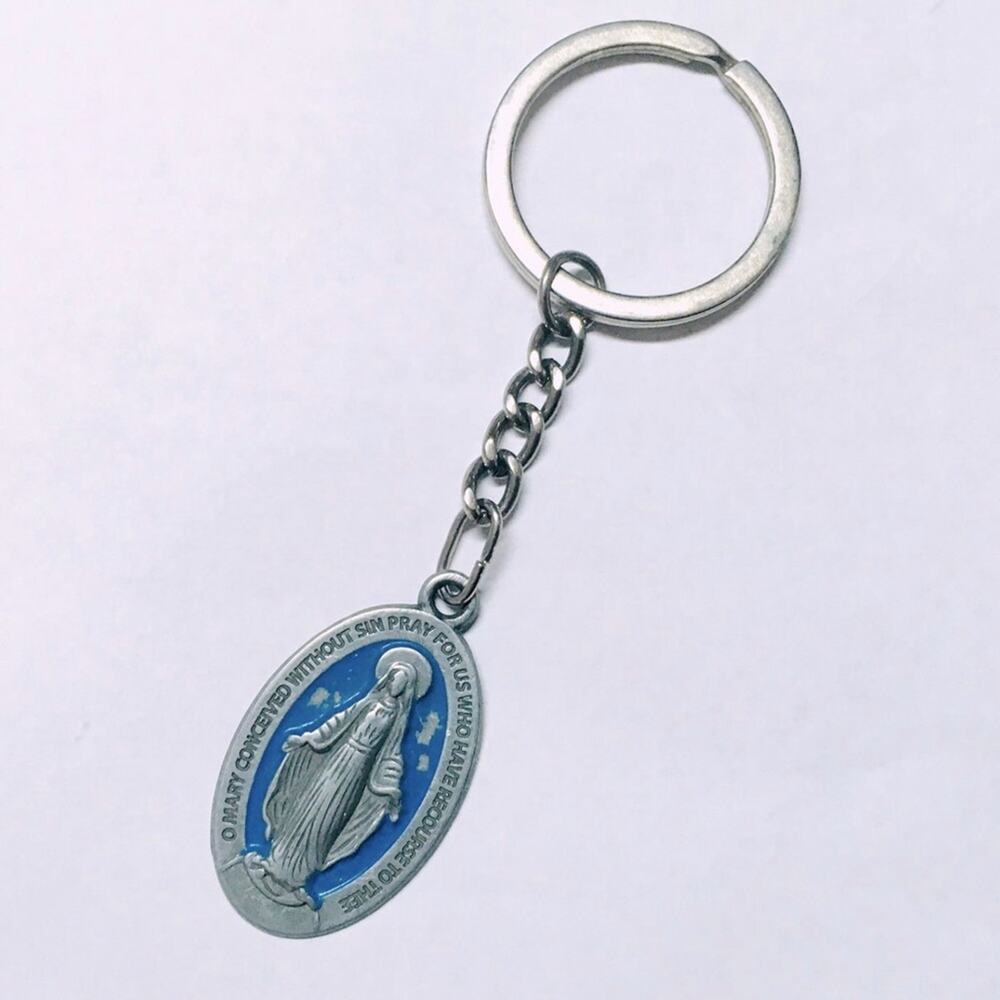 Blue Enamel and Silvertone Miraculous Medal Key Chain